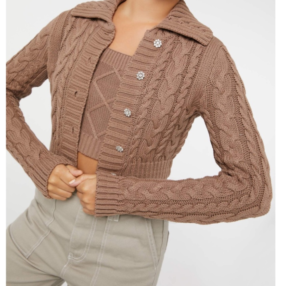 Ardene cable polo cardigan and ultra cropped cable tank top in  brown xs/s NWOT